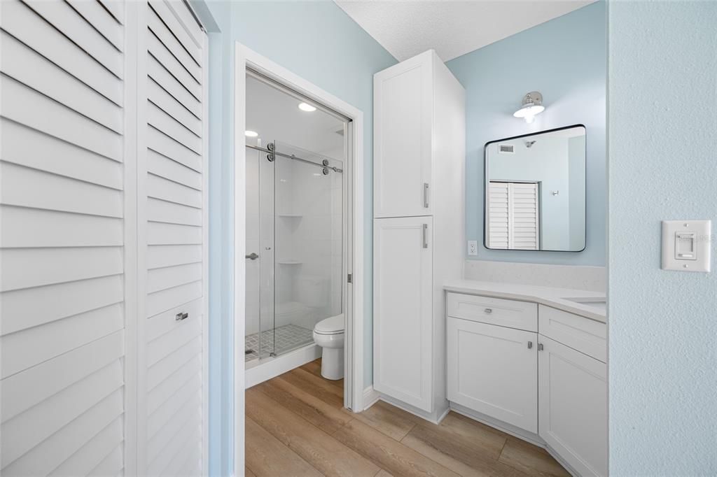 Bathroom, Glass Shower, Interior, Wood Texture Flooring