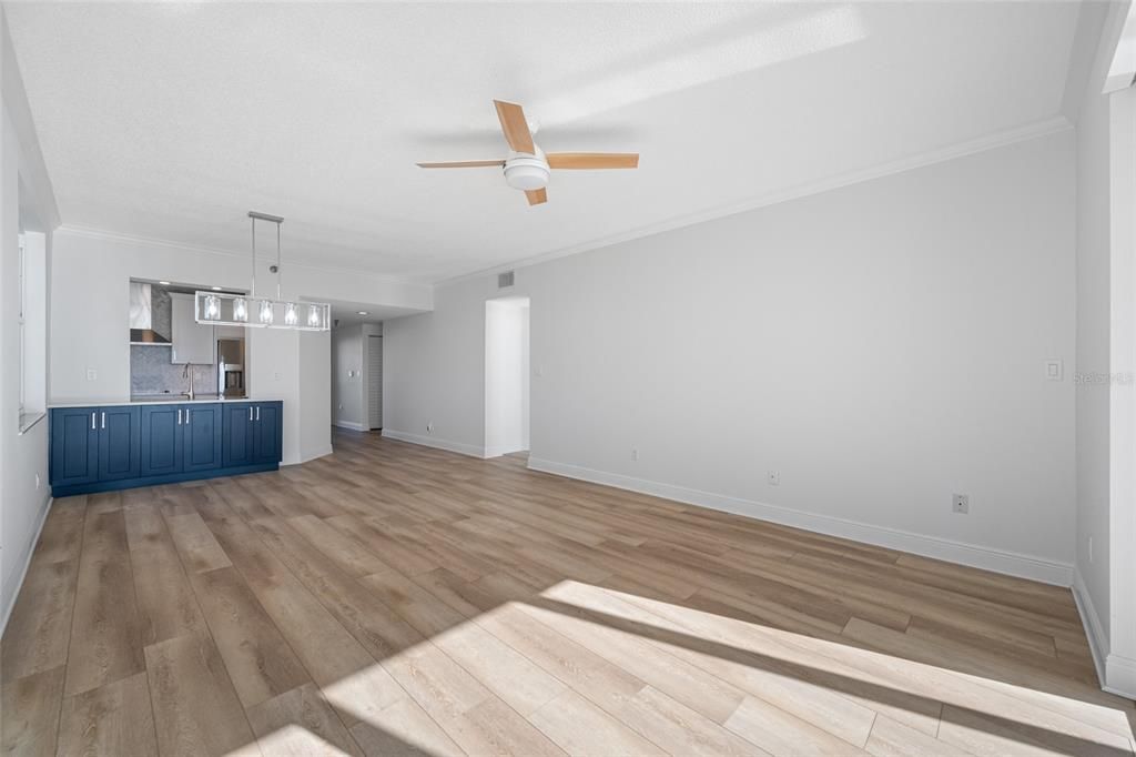 Empty room, Interior, Kitchen, Pendant Lights, Wood Texture Flooring
