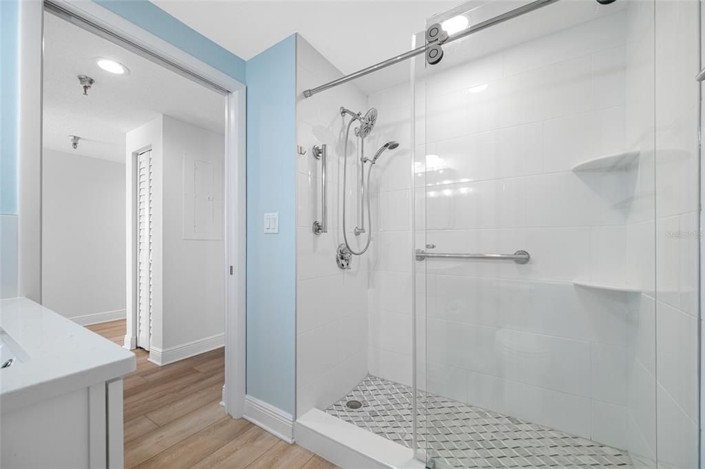 Bathroom, Glass Shower, Interior, Recessed Lighting, Wood Texture Flooring