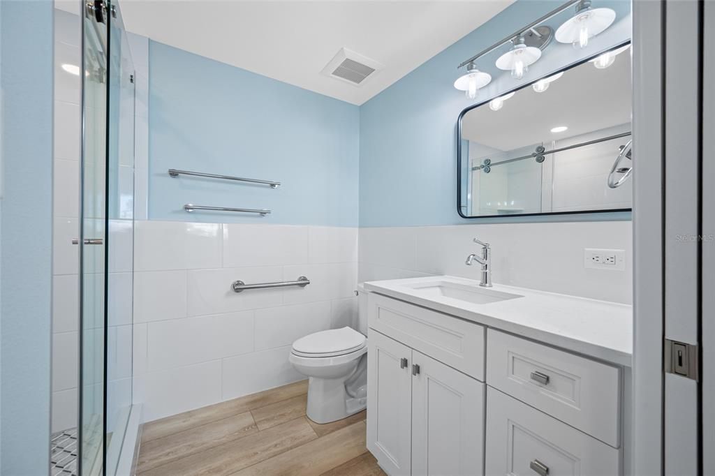 Bathroom, Glass Shower, Interior, Wood Texture Flooring