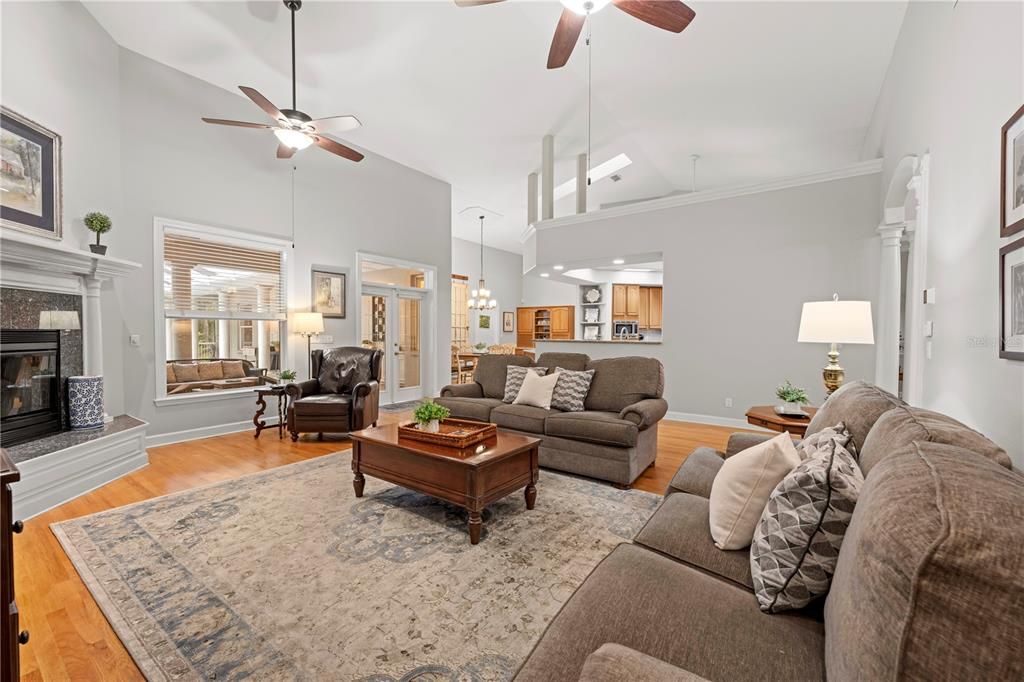 Chandelier, Fireplace, Interior, Living room, Pendant Lights, Wood Texture Flooring