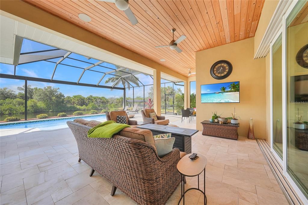 Glass Ceilings, Interior, Living room, Pool, Recessed Lighting, Sun Room, Wooden Ceilings