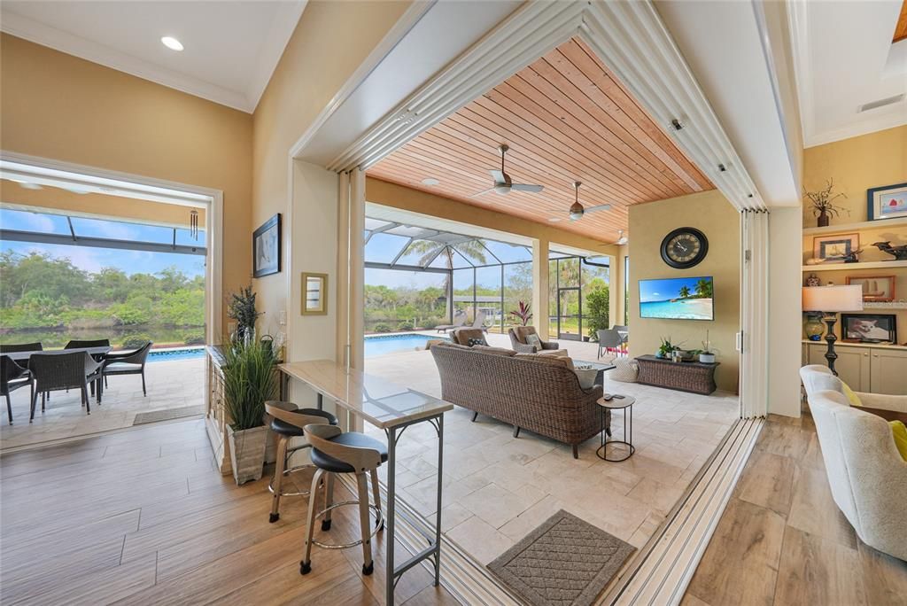 Glass Ceilings, Interior, Living room, Pool, Recessed Lighting, Sun Room, Wood Texture Flooring