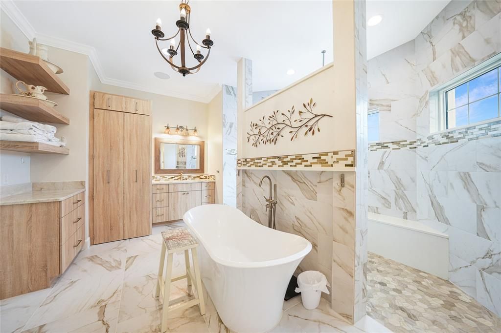 Bathroom, Chandelier, Free Standing Baths, Interior, Marble, Marble Walls, Recessed Lighting