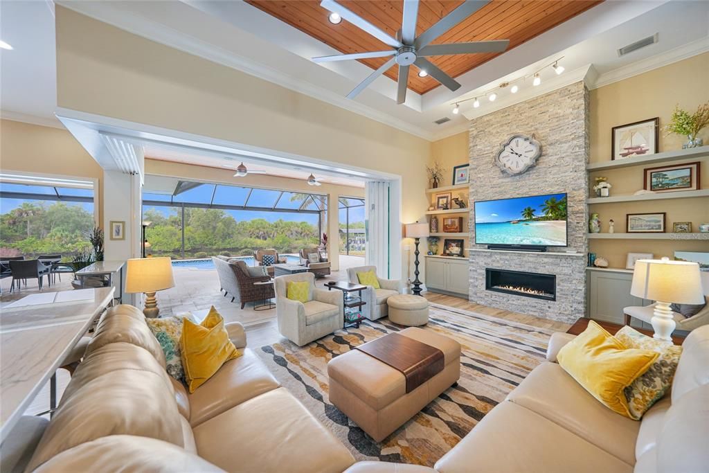 Dining room, Fireplace, Interior, Living room, Recessed Lighting, Stone Walls
