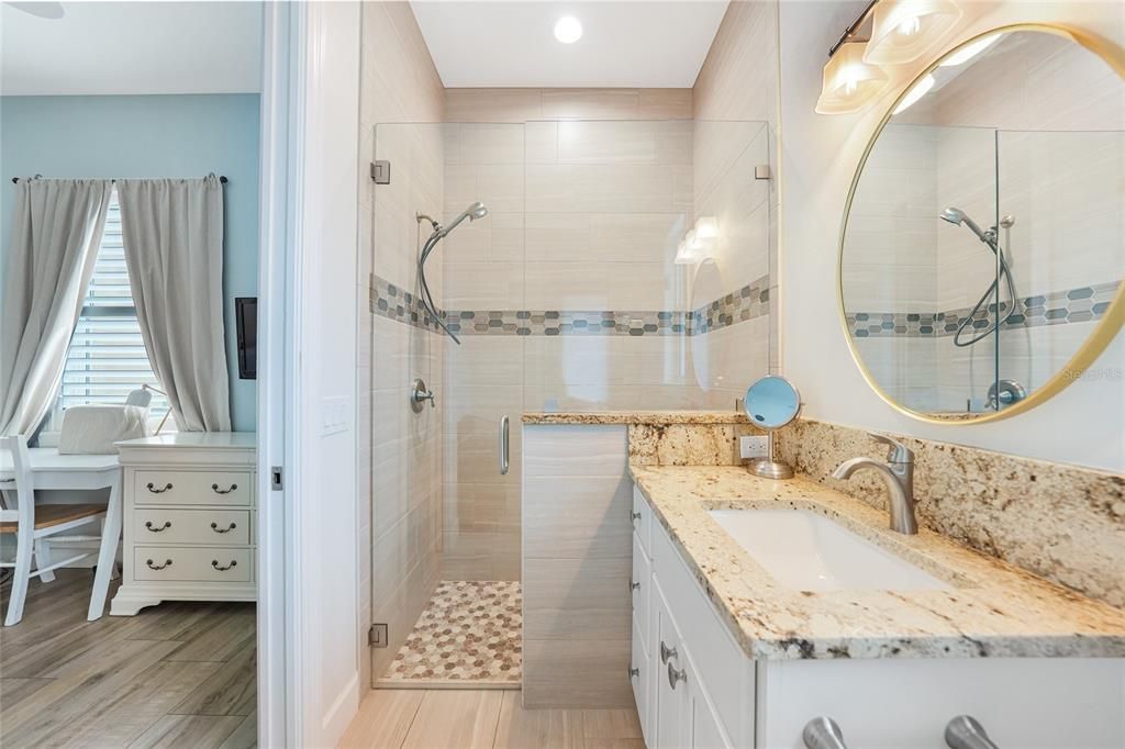 Bathroom, Glass Shower, Interior, Recessed Lighting, Wood Texture Flooring