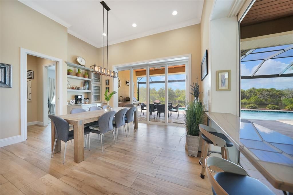 Dining room, Interior, Pendant Lights, Recessed Lighting, Wood Texture Flooring