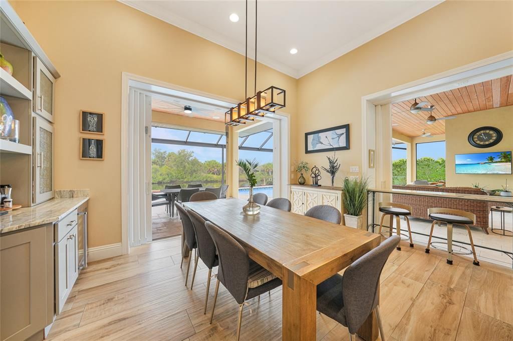 Dining room, Interior, Pendant Lights, Recessed Lighting, Water, Wood Texture Flooring