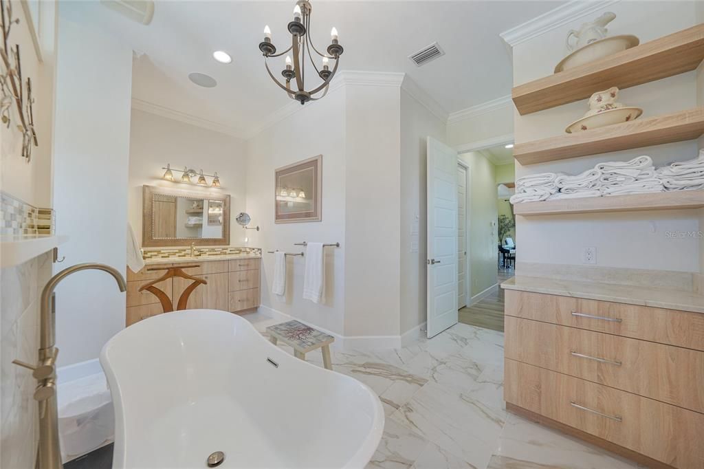 Bathroom, Chandelier, Dual Sink Vanities, Free Standing Baths, Interior, Marble, Recessed Lighting