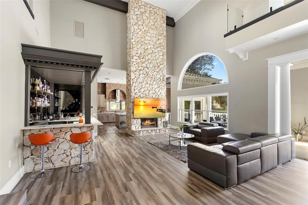 Fireplace, Interior, Living room, Piano, Stone Walls, Wood Texture Flooring