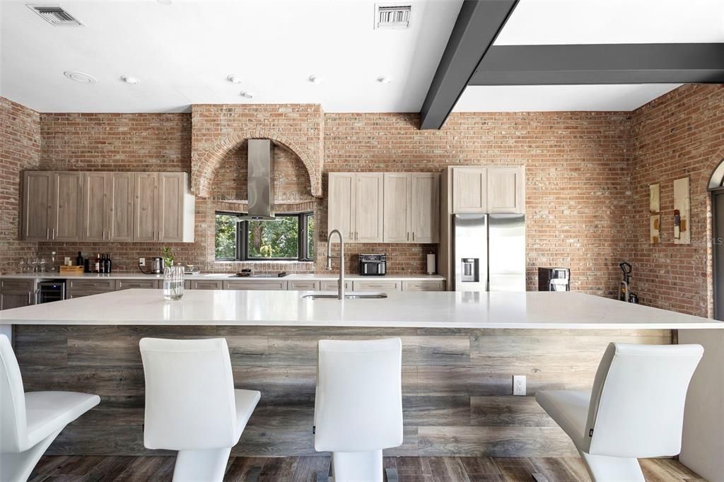 Interior, Kitchen, Recessed Lighting, Stainless Steel Appliances, Stone Walls, Wood Texture Flooring
