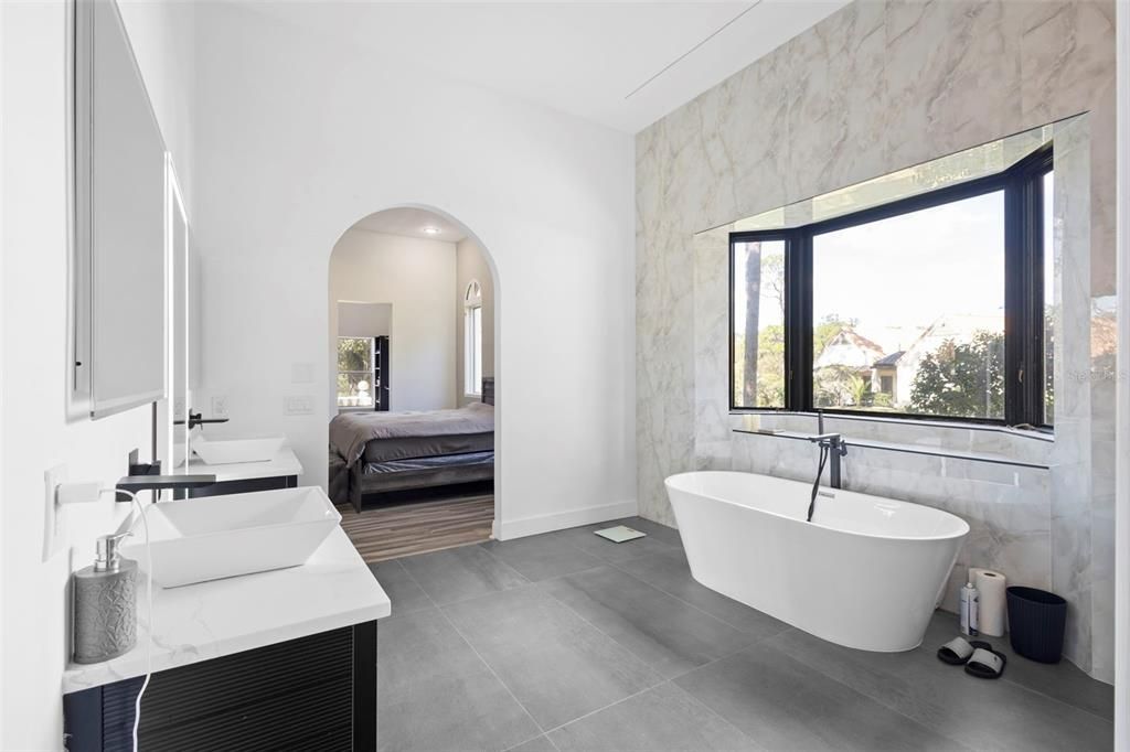 Bathroom, Bedroom, Free Standing Baths, Interior, Marble Walls, Wood Texture Flooring