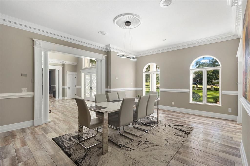 Dining room, Interior, Pendant Lights, Wood Texture Flooring