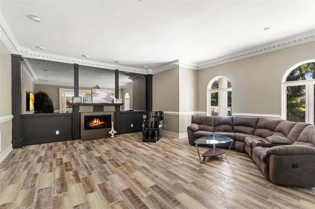 Fireplace, Interior, Living room, Recessed Lighting, Wood Texture Flooring