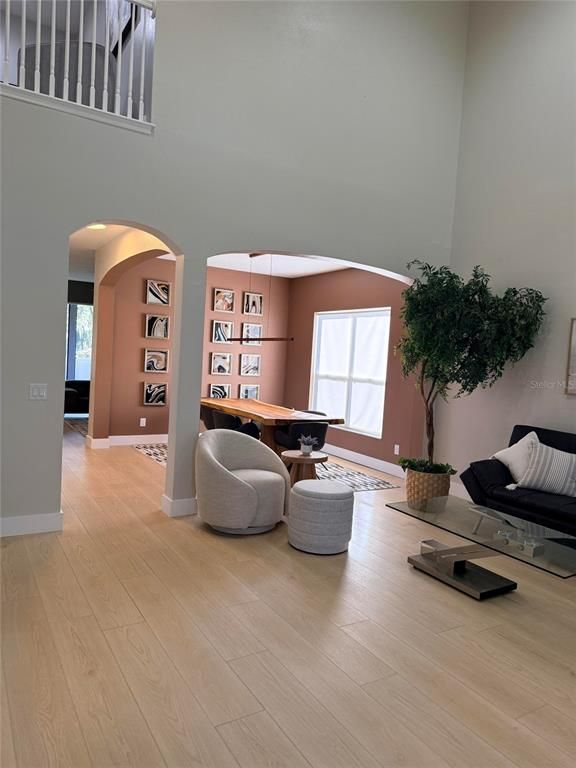 Dining room, Interior, Living room, Pendant Lights, Wood Texture Flooring