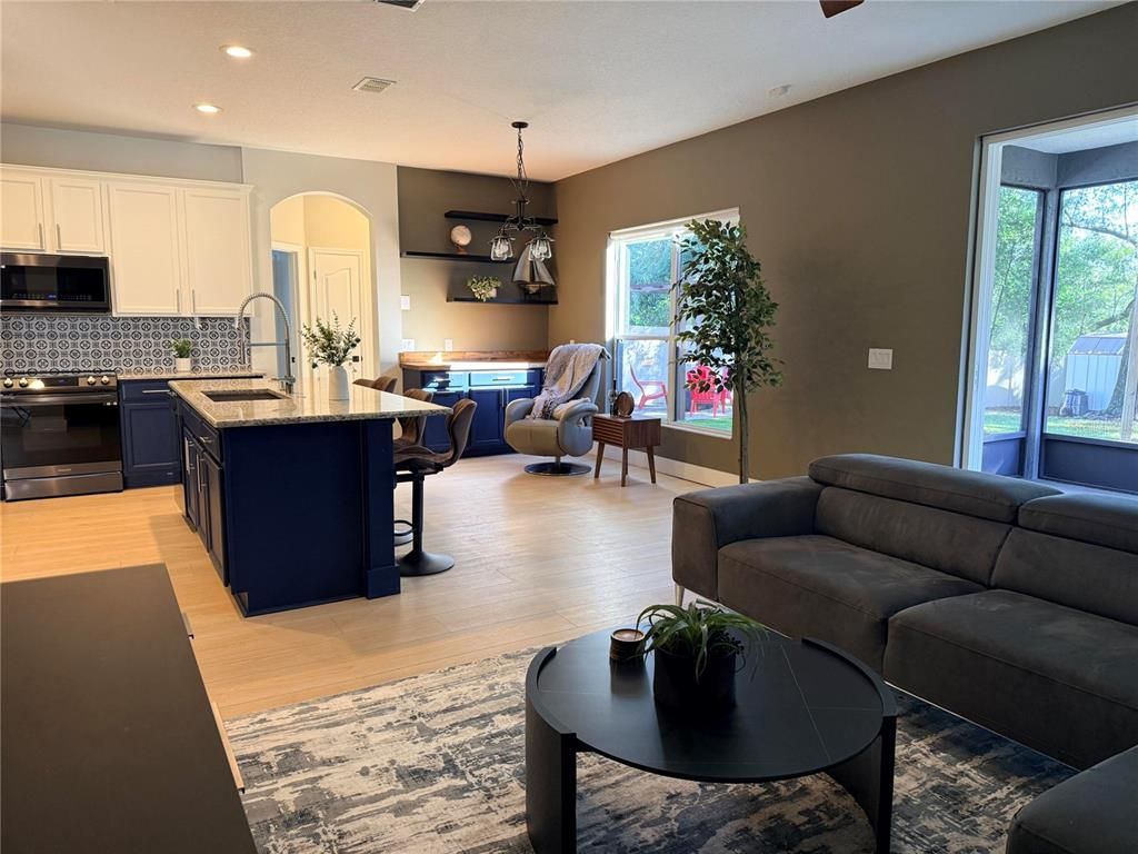 Interior, Kitchen, Living room, Pendant Lights, Recessed Lighting, Wood Texture Flooring