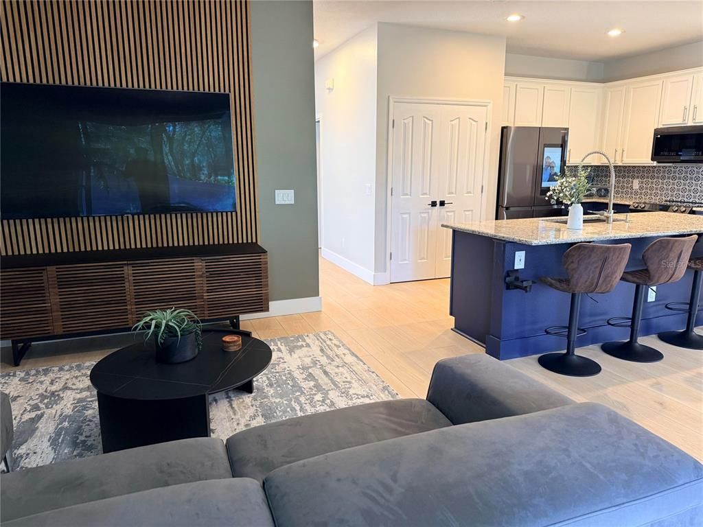 Interior, Kitchen, Living room, Recessed Lighting, Wood Texture Flooring