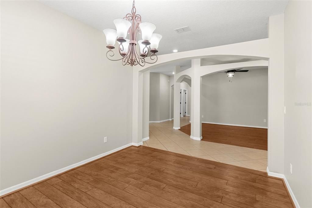 Chandelier, Empty room, Interior, Recessed Lighting, Wood Texture Flooring