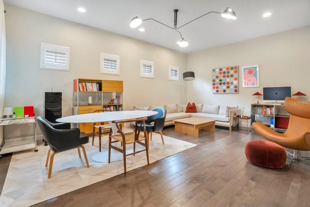 Dining room, Interior, Living room, Recessed Lighting, Wood Texture Flooring