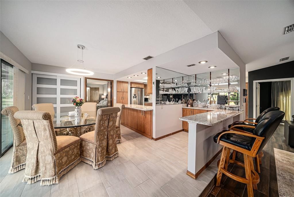 Dining room, Interior, Pendant Lights, Recessed Lighting, Wood Texture Flooring