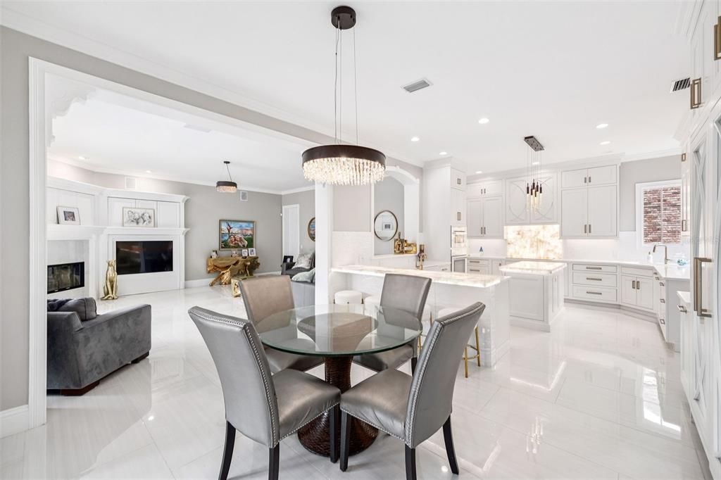 Chandelier, Dining room, Fireplace, Interior, Kitchen, Living room, Pendant Lights, Recessed Lighting