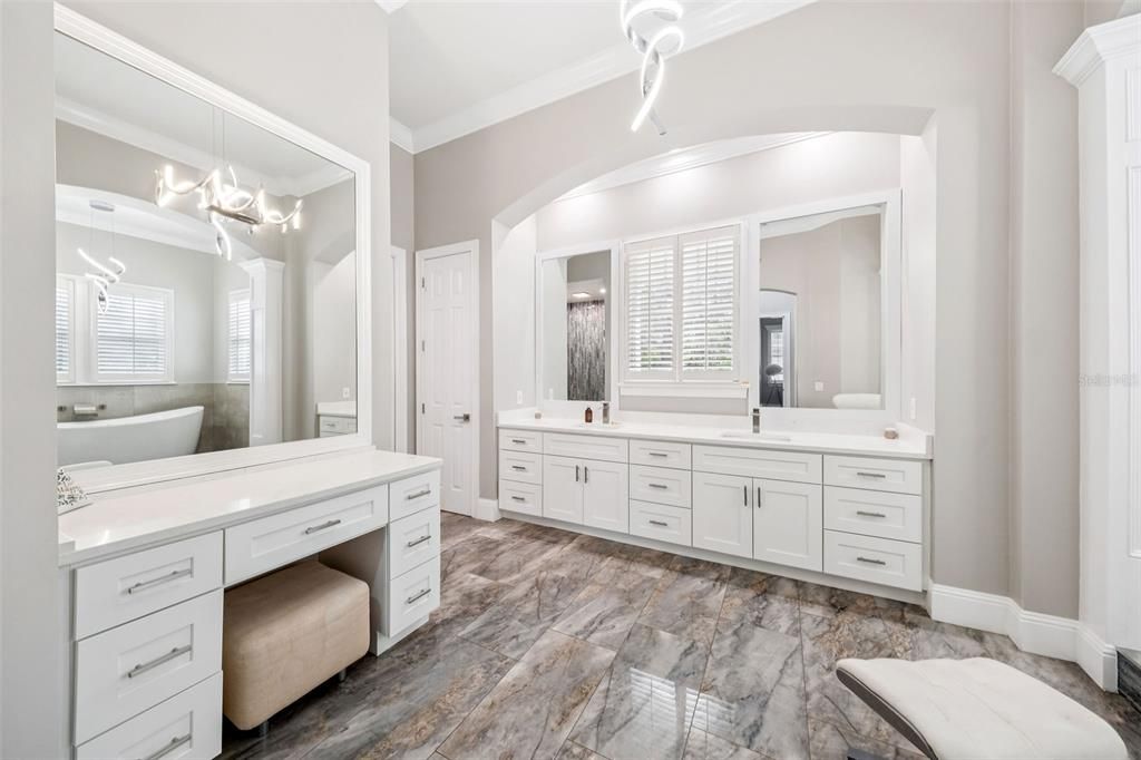 Bathroom, Dual Sink Vanities, Interior, Pendant Lights, Wood Texture Flooring