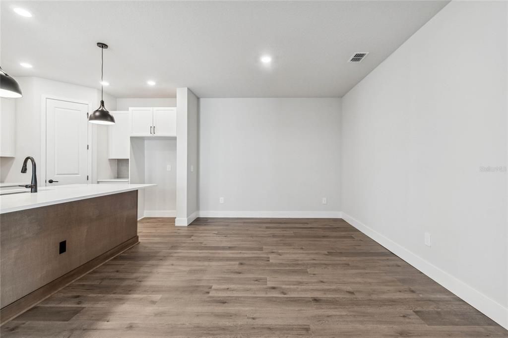 Empty room, Interior, Kitchen, Pendant Lights, Recessed Lighting, Wood Texture Flooring