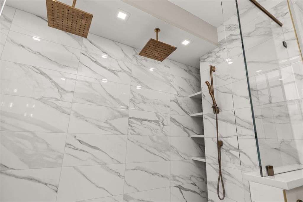 Bathroom, Glass Shower, Interior, Marble Walls, Recessed Lighting