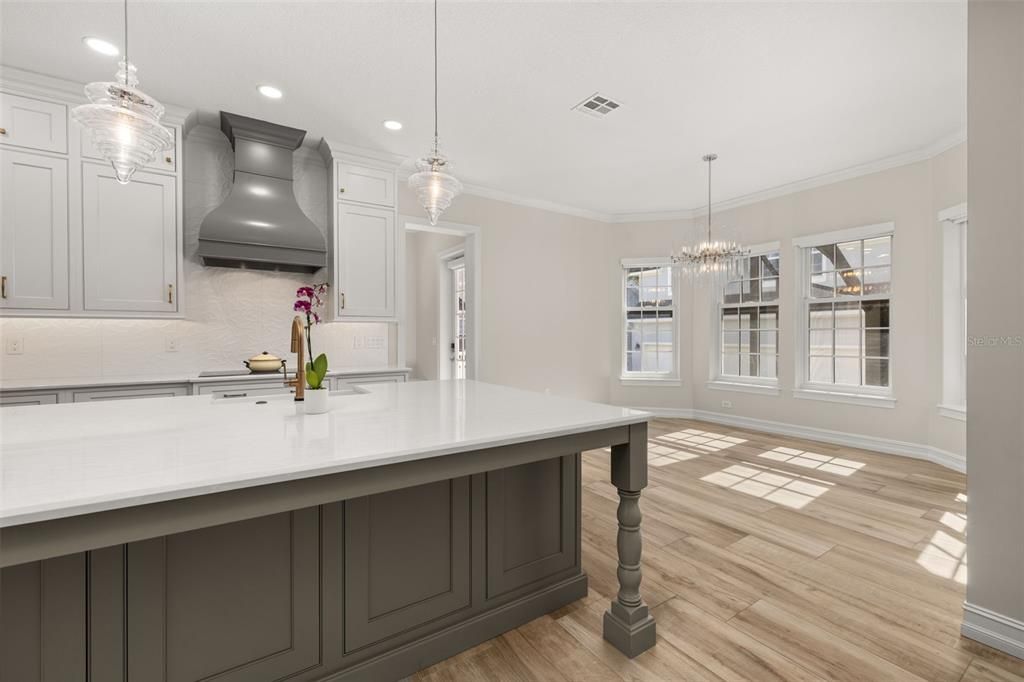 Chandelier, Interior, Kitchen, Pendant Lights, Recessed Lighting, Wood Texture Flooring