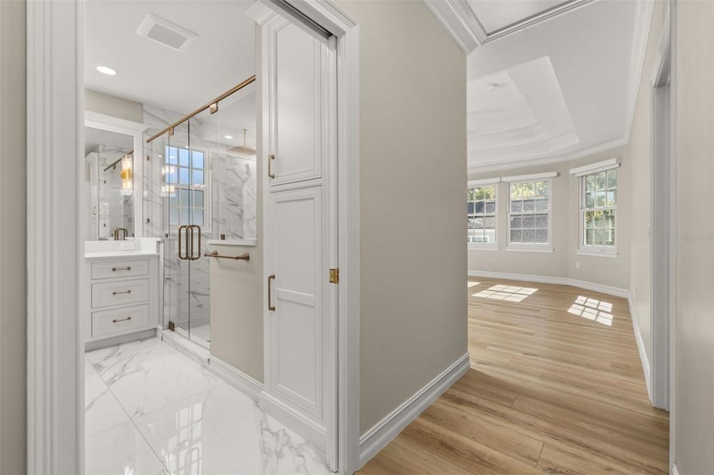 Bathroom, Glass Shower, Interior, Marble, Recessed Lighting, Wood Texture Flooring