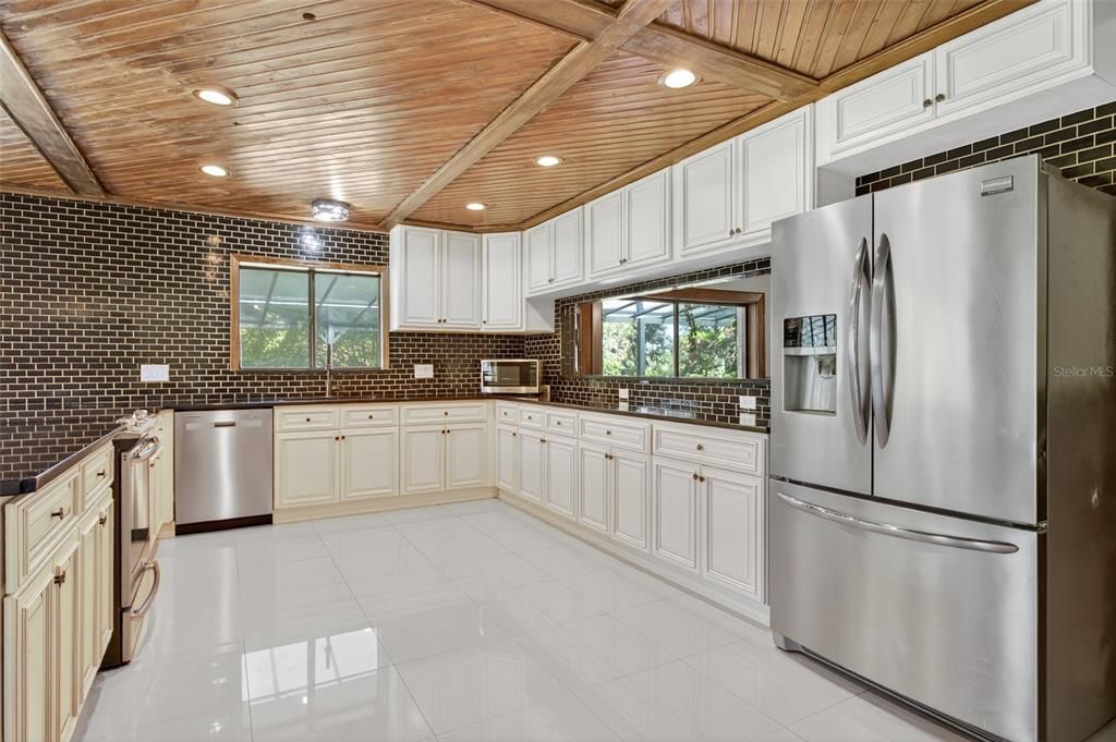 Interior, Kitchen, Recessed Lighting, Stainless Steel Appliances, Wooden Beams, Wooden Ceilings