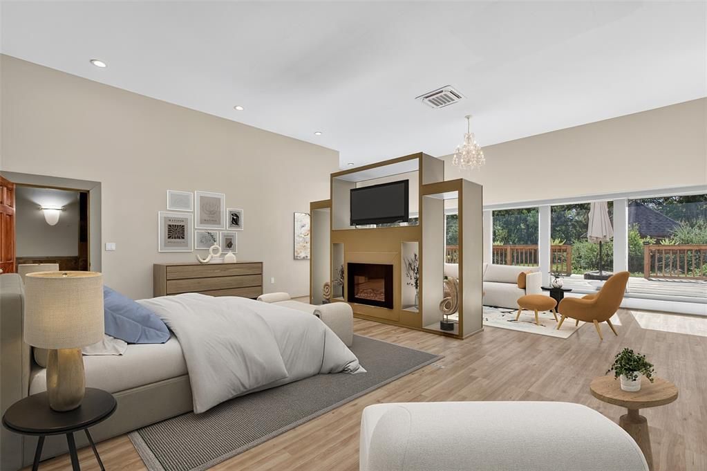 Bedroom, Chandelier, Fireplace, Interior, Recessed Lighting, Wood Texture Flooring