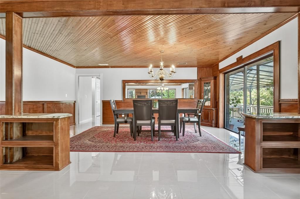 Chandelier, Dining room, Interior, Wooden Ceilings