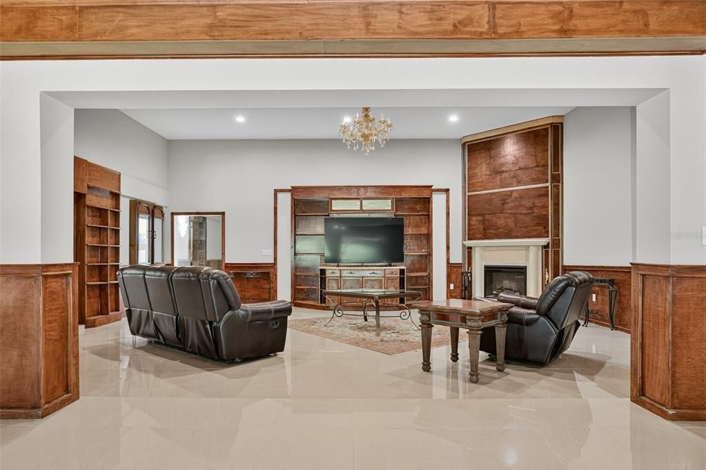 Chandelier, Fireplace, Interior, Living room, Recessed Lighting