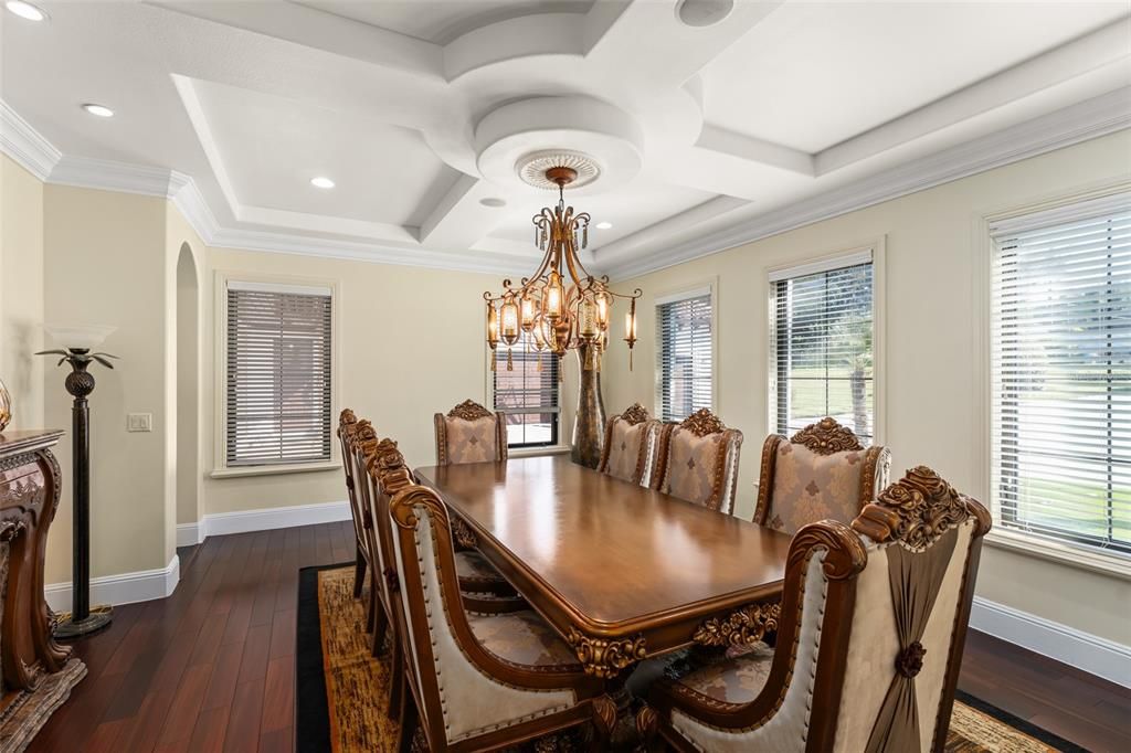 Chandelier, Dining room, Interior, Recessed Lighting, Wood Texture Flooring