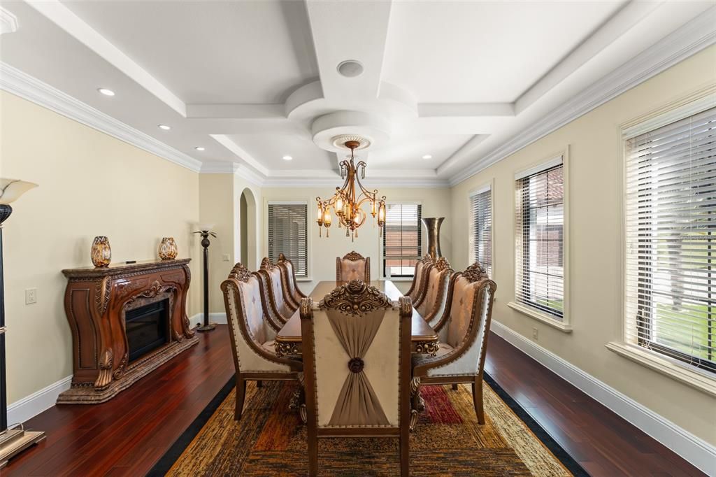 Chandelier, Dining room, Fireplace, Interior, Recessed Lighting, Wood Texture Flooring