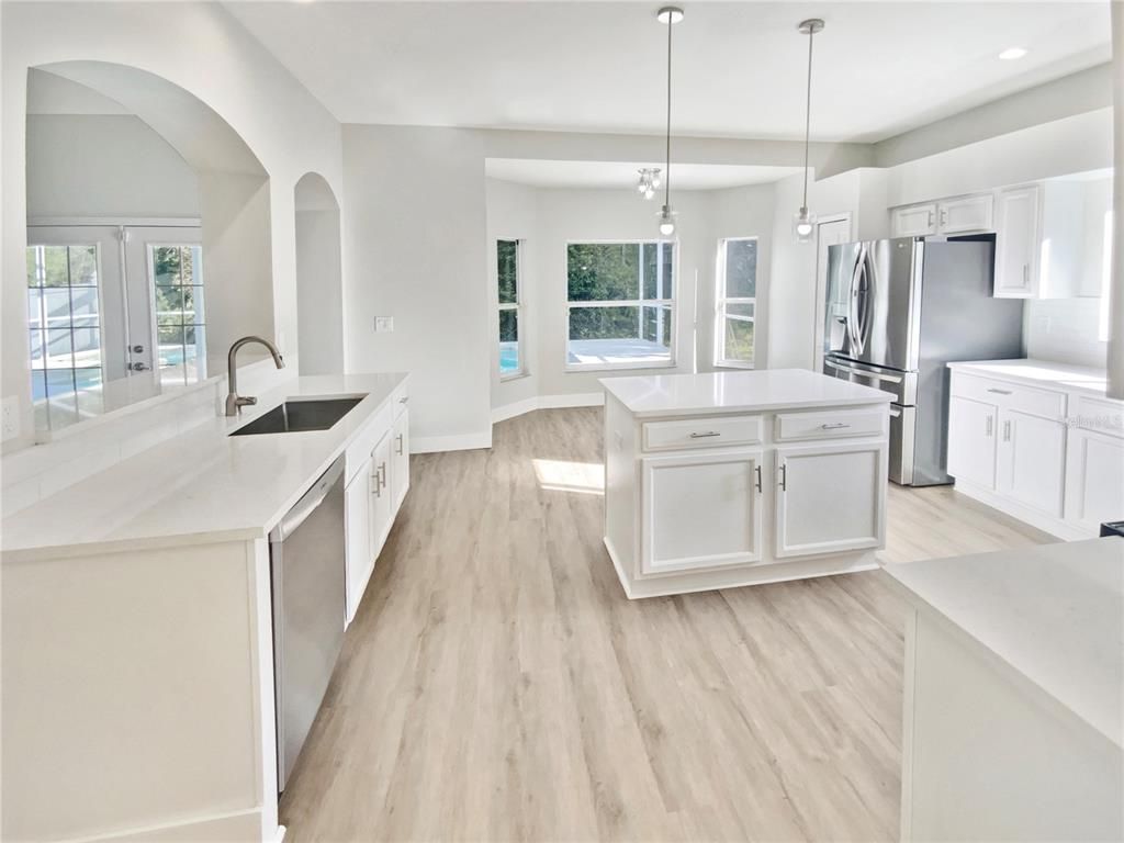 Interior, Kitchen, Pendant Lights, Recessed Lighting, Wood Texture Flooring