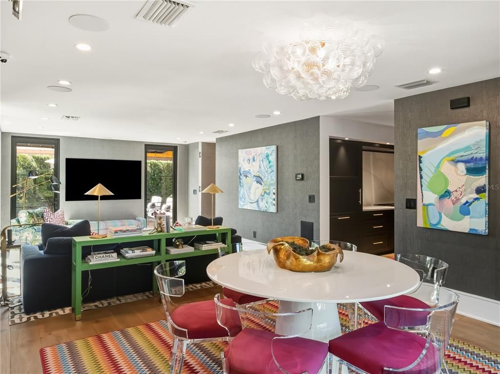 Chandelier, Dining room, Interior, Recessed Lighting, Wood Texture Flooring