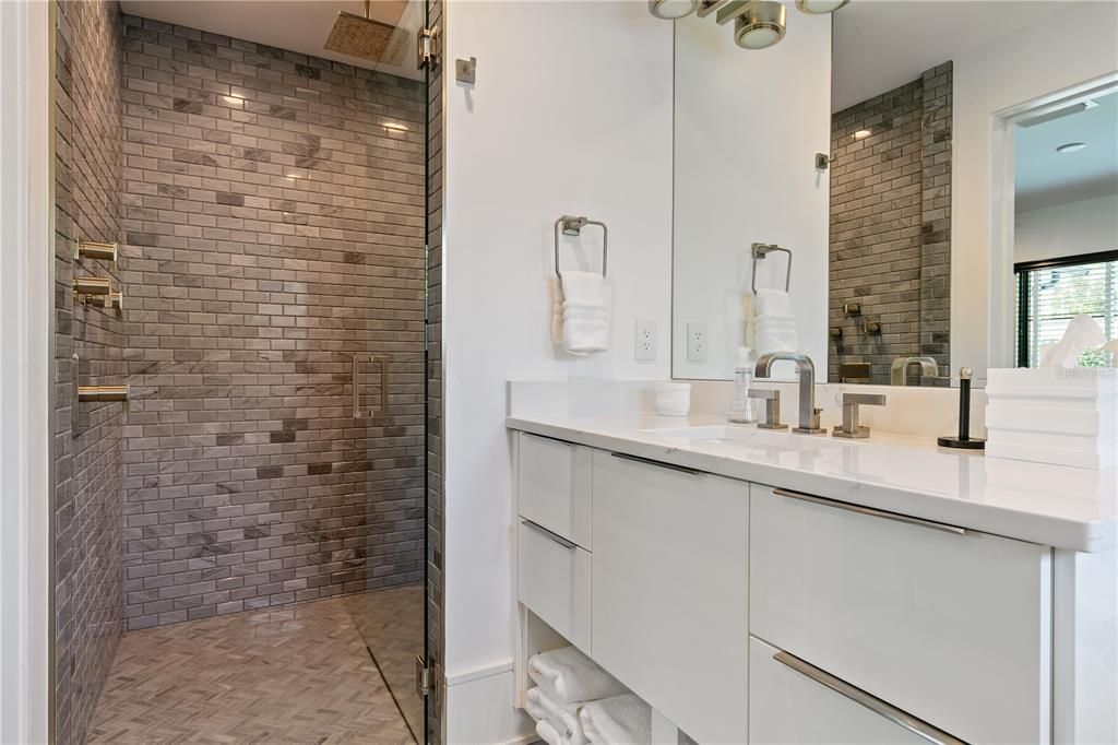 Bathroom, Dual Sink Vanities, Glass Shower, Interior, Stone Walls