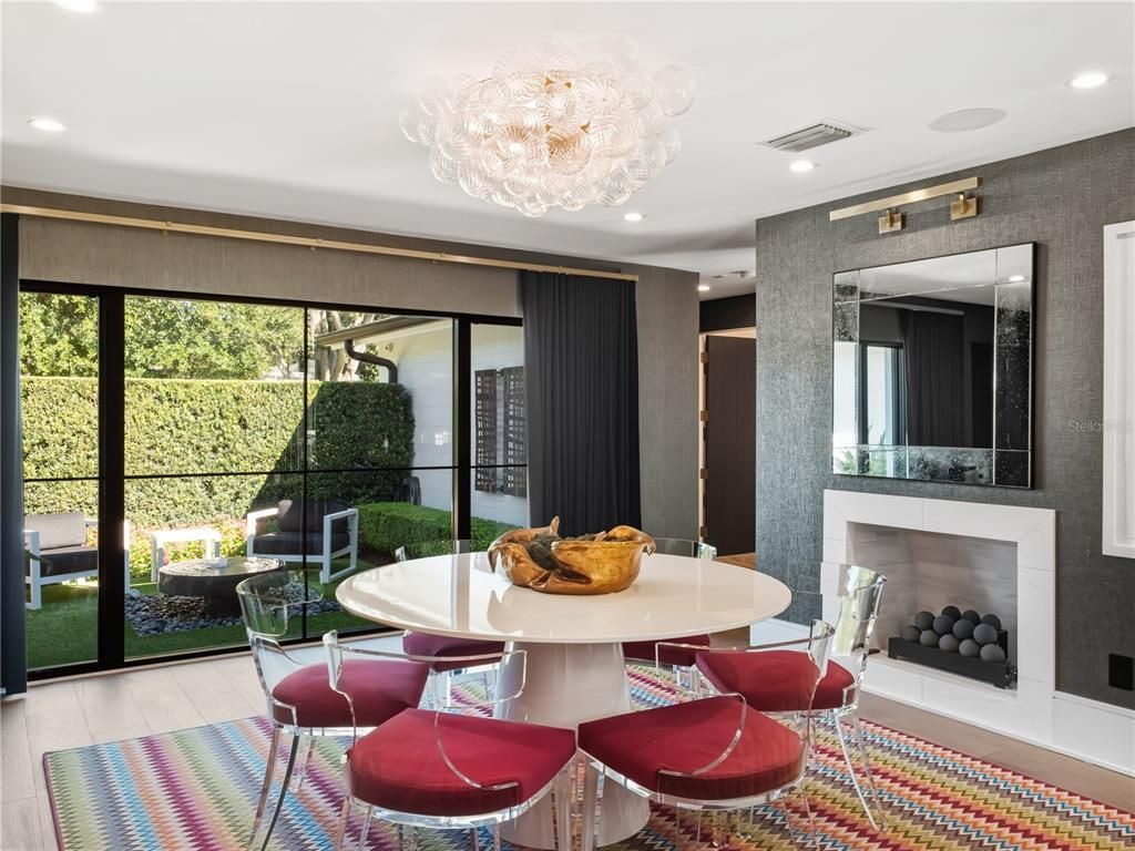Chandelier, Dining room, Fireplace, Interior, Recessed Lighting, Wood Texture Flooring