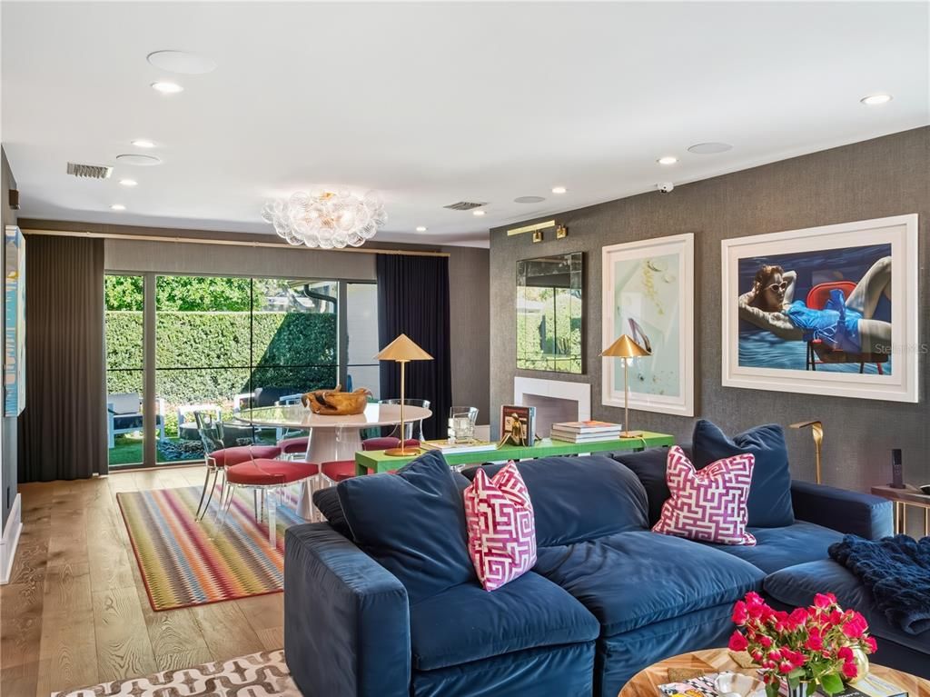 Chandelier, Dining room, Interior, Living room, Recessed Lighting, Wood Texture Flooring