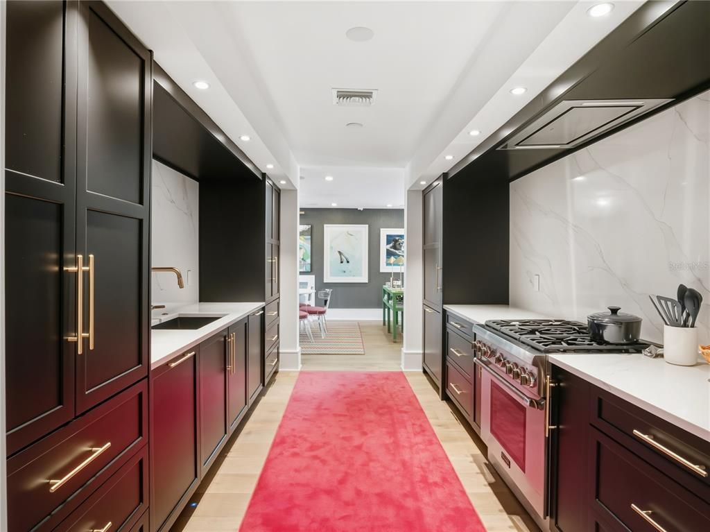 Interior, Kitchen, Marble Walls, Recessed Lighting, Wood Texture Flooring