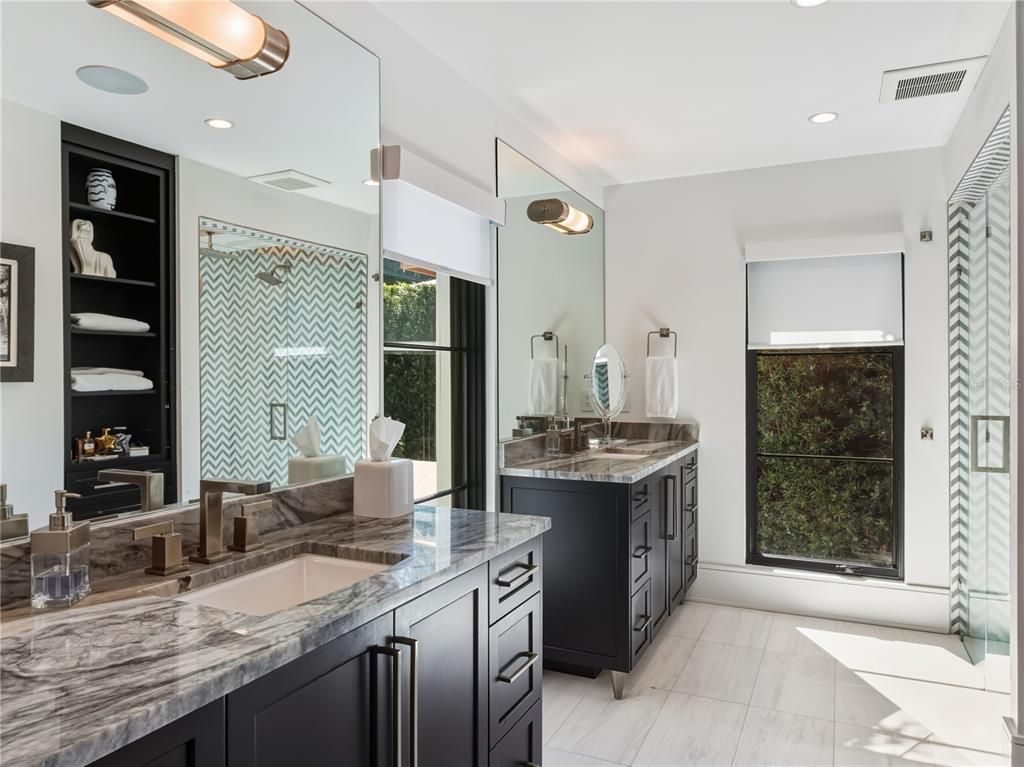 Bathroom, Dual Sink Vanities, Glass Shower, Interior, Recessed Lighting