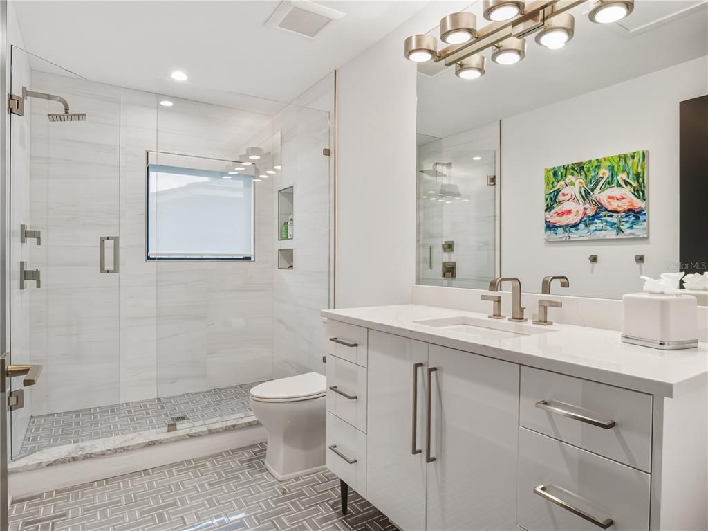 Bathroom, Dual Sink Vanities, Glass Shower, Interior, Recessed Lighting