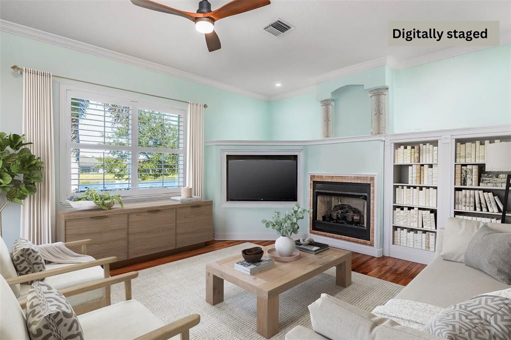 Fireplace, Interior, Living room, Recessed Lighting, Wood Texture Flooring