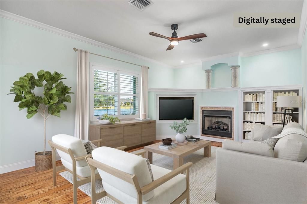 Fireplace, Interior, Living room, Recessed Lighting, Water, Wood Texture Flooring