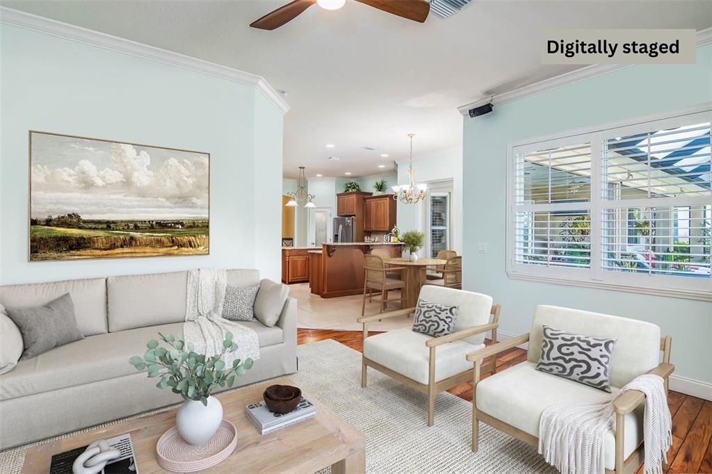 Dining room, Interior, Kitchen, Living room, Pendant Lights, Recessed Lighting, Stainless Steel Appliances, Wood Texture Flooring