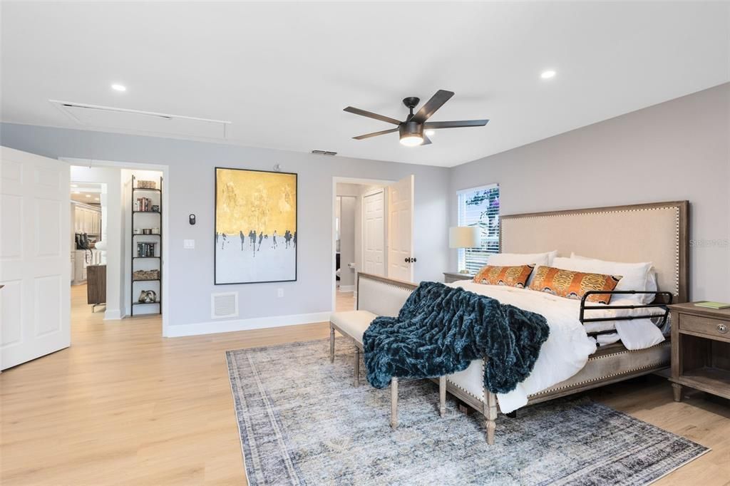 Bedroom, Interior, Recessed Lighting, Wood Texture Flooring