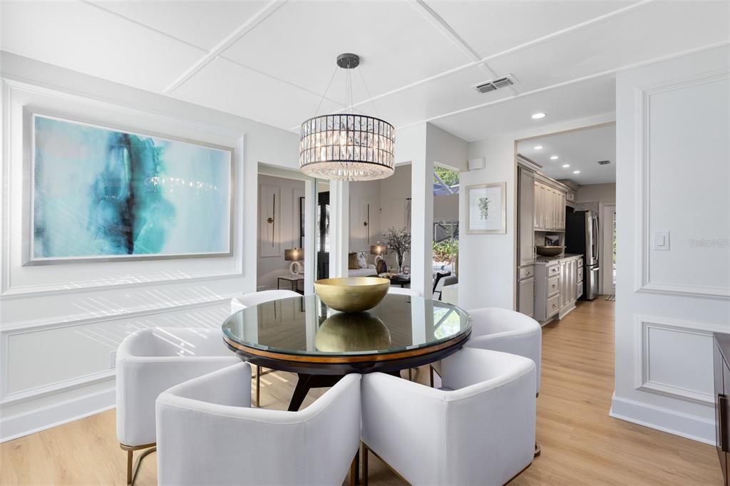 Chandelier, Dining room, Interior, Kitchen, Recessed Lighting, Wood Texture Flooring
