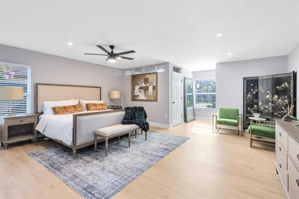 Bedroom, Interior, Recessed Lighting, Wood Texture Flooring